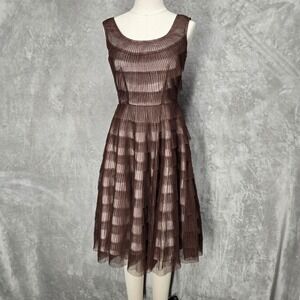BCBGMAXAZRIA Silk Brown Fit & Flare Dress 2 Tiered Pleated Ruffle Party Cocktail